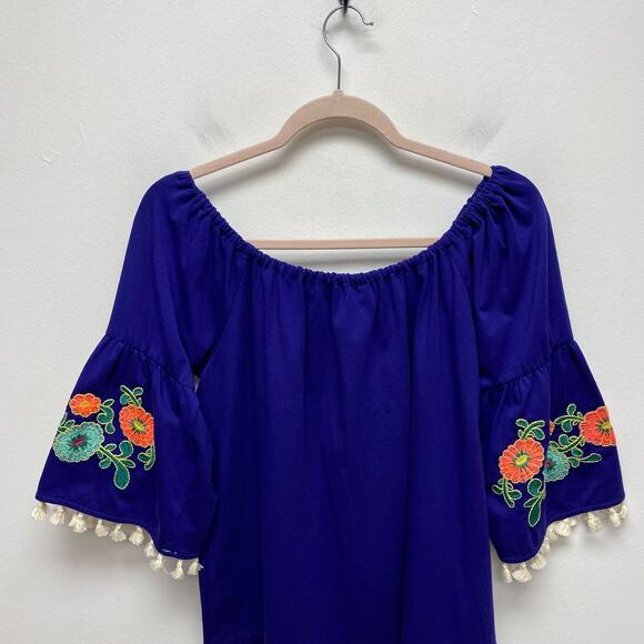 Umgee USA Womens Blue Embroidered Boho Tasseled Off The Shoulder Peasant Top S - Picture 5 of 8